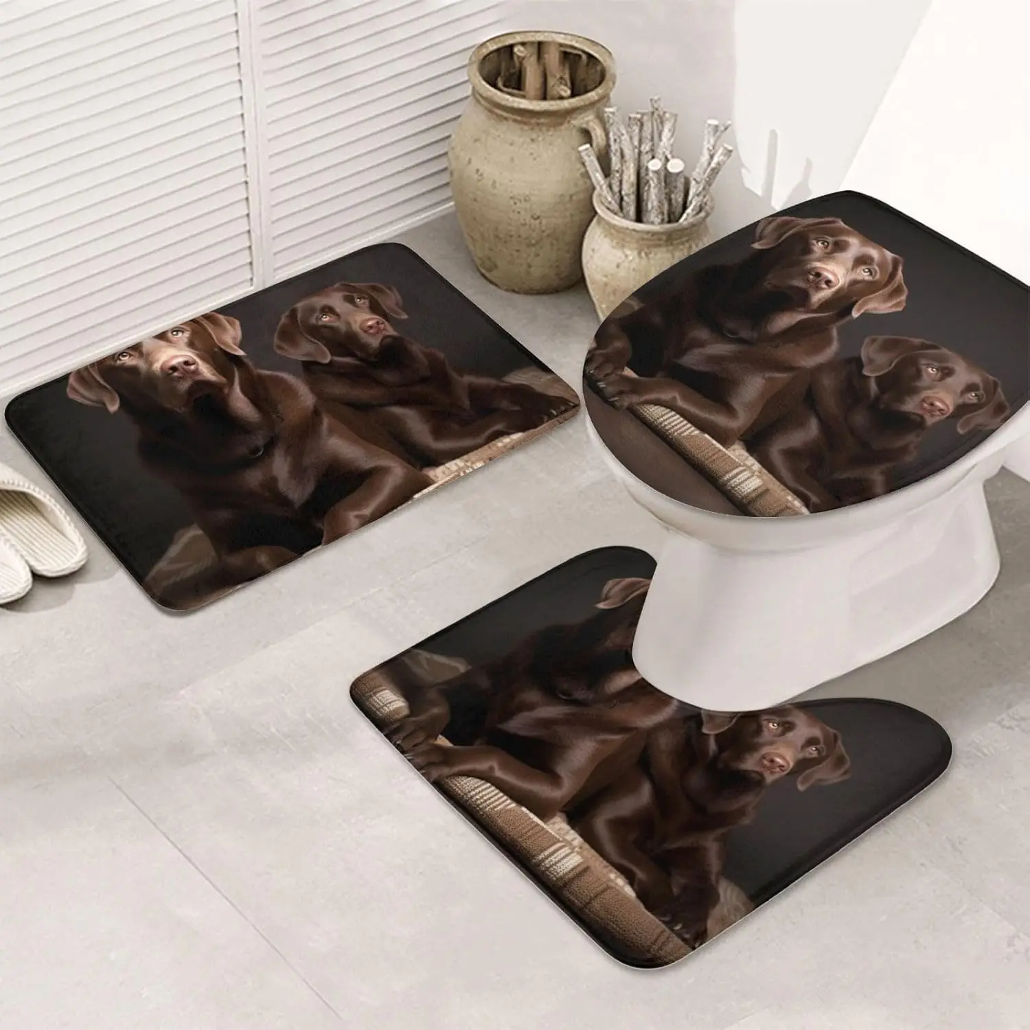 Brown Labrador Retriever Bathroom Rug Set - 3 Piece Non Slip Shower Mats With U-Shaped Contour Toilet Mat, Microfiber Bath Mats