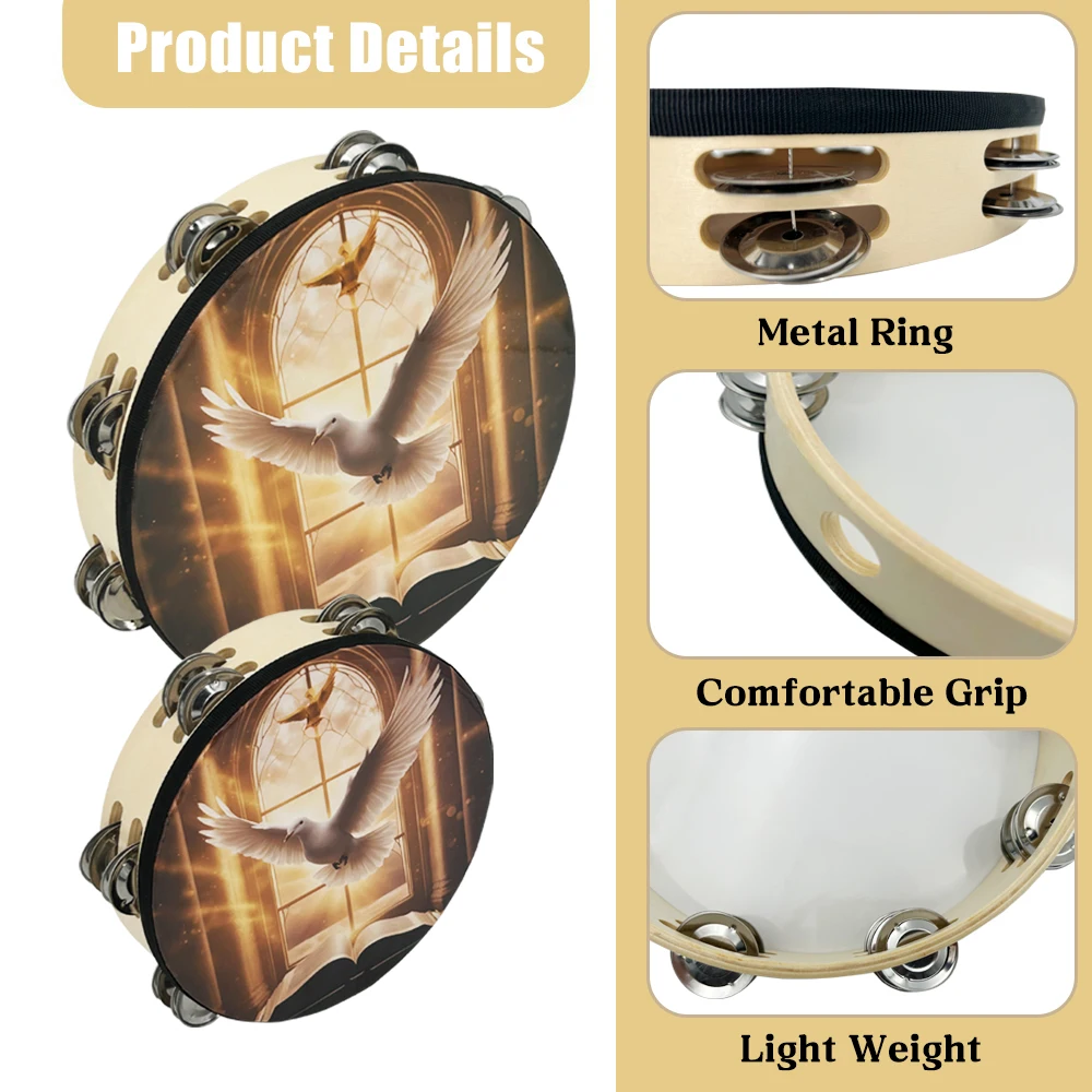 Hand tambourine 8/10-inch wooden tambourine double layer hand clap bell drum church peace dove pattern shake percussion instrument dance