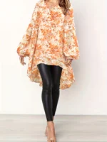 Plus size women's spring & summer solid color polyester non-elastic long back hem elegant lantern sleeve chiffon long sleeve top - Image 4