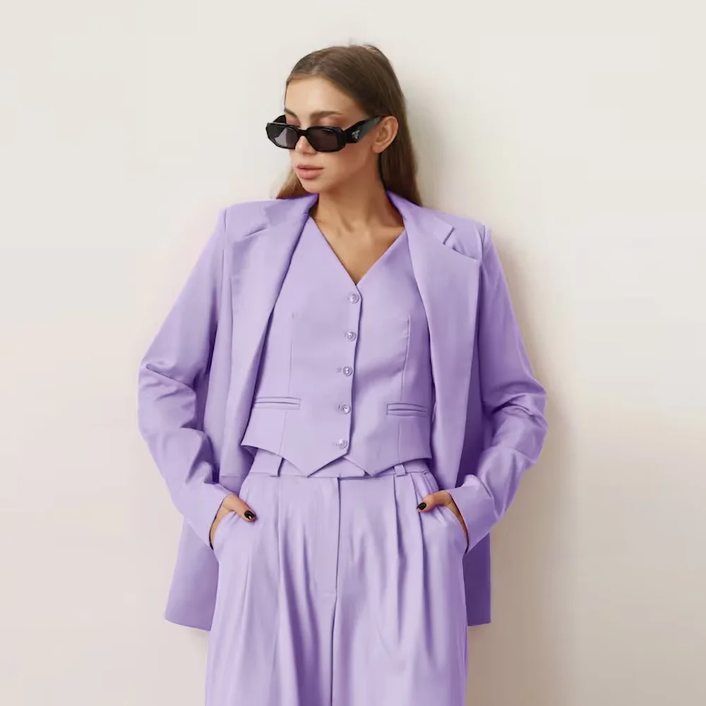 Fashion Lavender Women Suits 3 Piece Chic Notch Lapel One Button Wear Elegant Daily Office Pants Sets (Blazer+Vest+Pants)