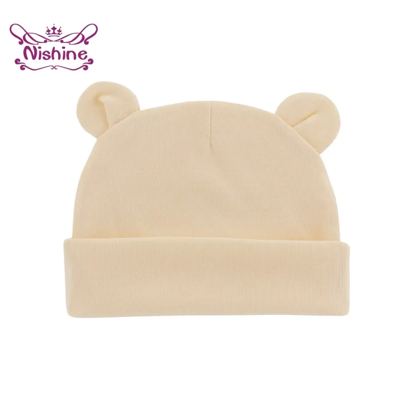 Nishine 15.5*12.5 CM Autumn and Winter Soft Warm Newborn Hats Solid Color Knitted Cotton Infant Caps Sweet Baby Hair Accessories