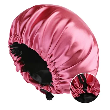 Gorro de satén de doble capa ajustable para mujer, gorro de ducha redondo, doble capa, gorro de poliéster para dormir por la noche, forro negro sólido