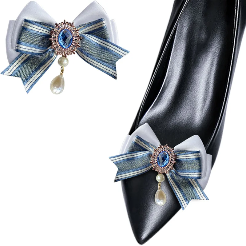 1 Pair Detachable Bow Shoe Clips White Blue Shoe Embellishment