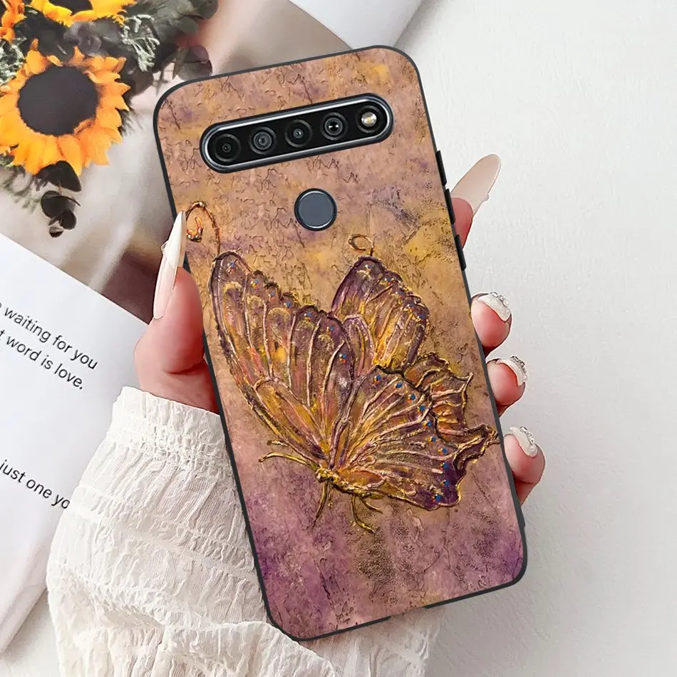 Elegant Floral Cat Printed Black Silicone Phone Case