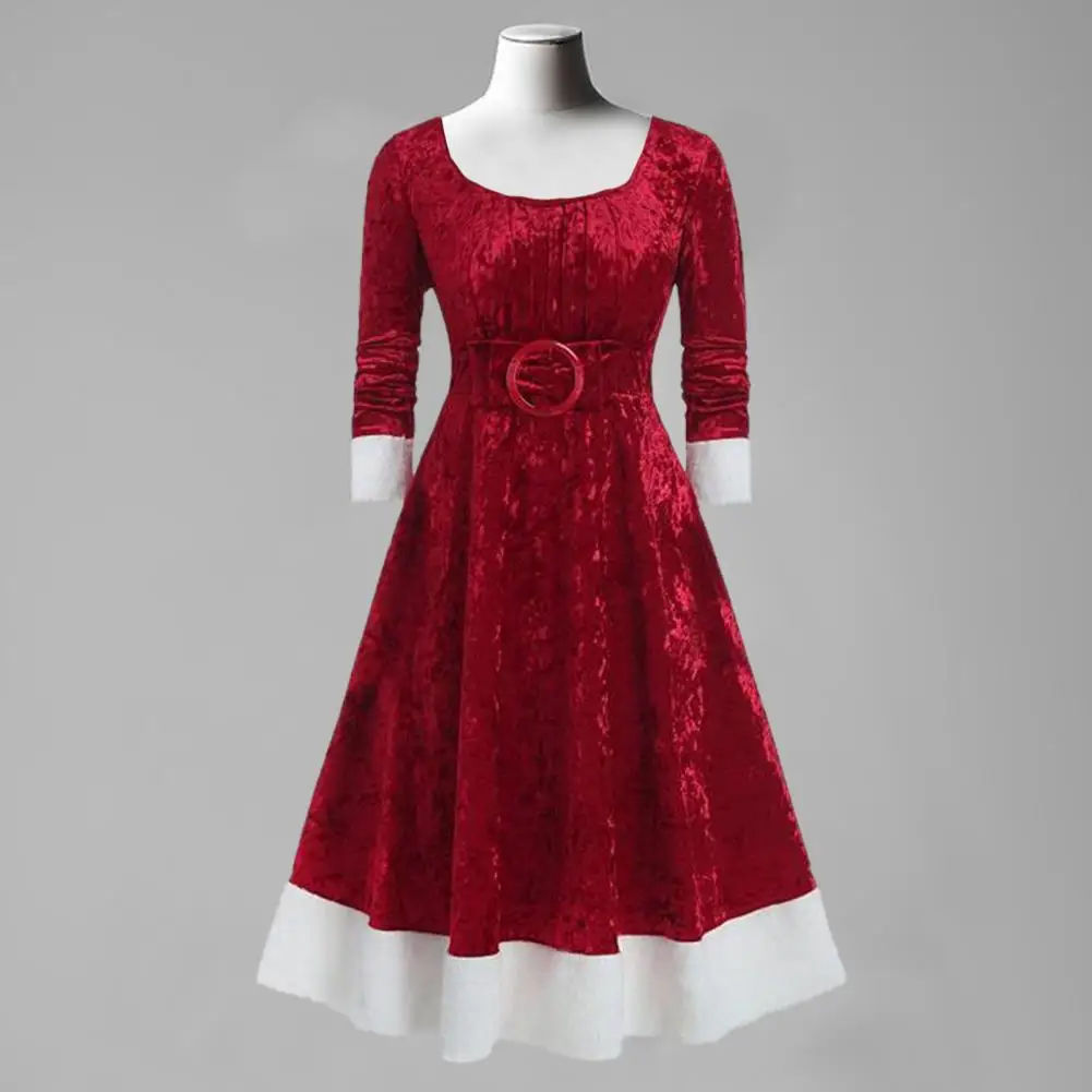 

Velvet Cocktail Dress Elegant A-line Velvet Midi Dress with Detachable Belt for Women O-neck Long Sleeve Patchwork Color Autumn