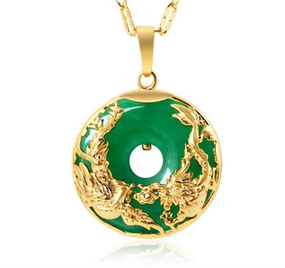 

Retro Natural Green Jade Inlay Gold Chinese Dragon Phoenix Hollow Lucky Jade Pendant Amulet Necklace Trendy Fine Jewelry
