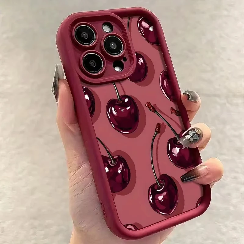 Elegant Wine Red Cherry Pattern Shockproof Phone Case - Premium Silicone Cover