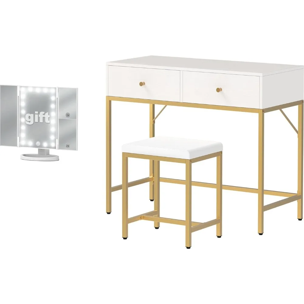 

SUPERJARE Computer Desk, Makeup Vanity, White Desk with Tri-fold Lighted Mirror, Home Office Desk, Writing Desk Study Desk