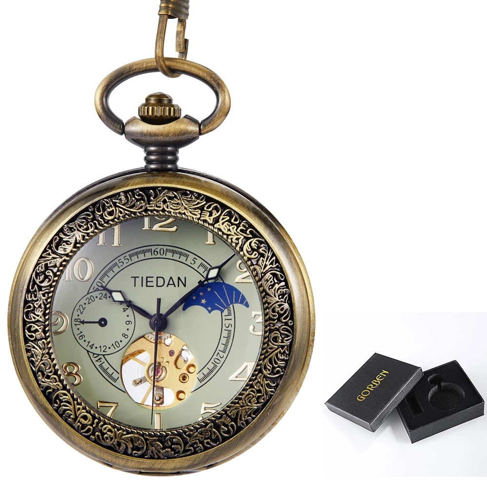 Antique Bronze Mechanical Pocket Watch Skeleton Steampunk Pendant Clock Hot Sale Chains FOB Pattern Engraving Men reloj hombre