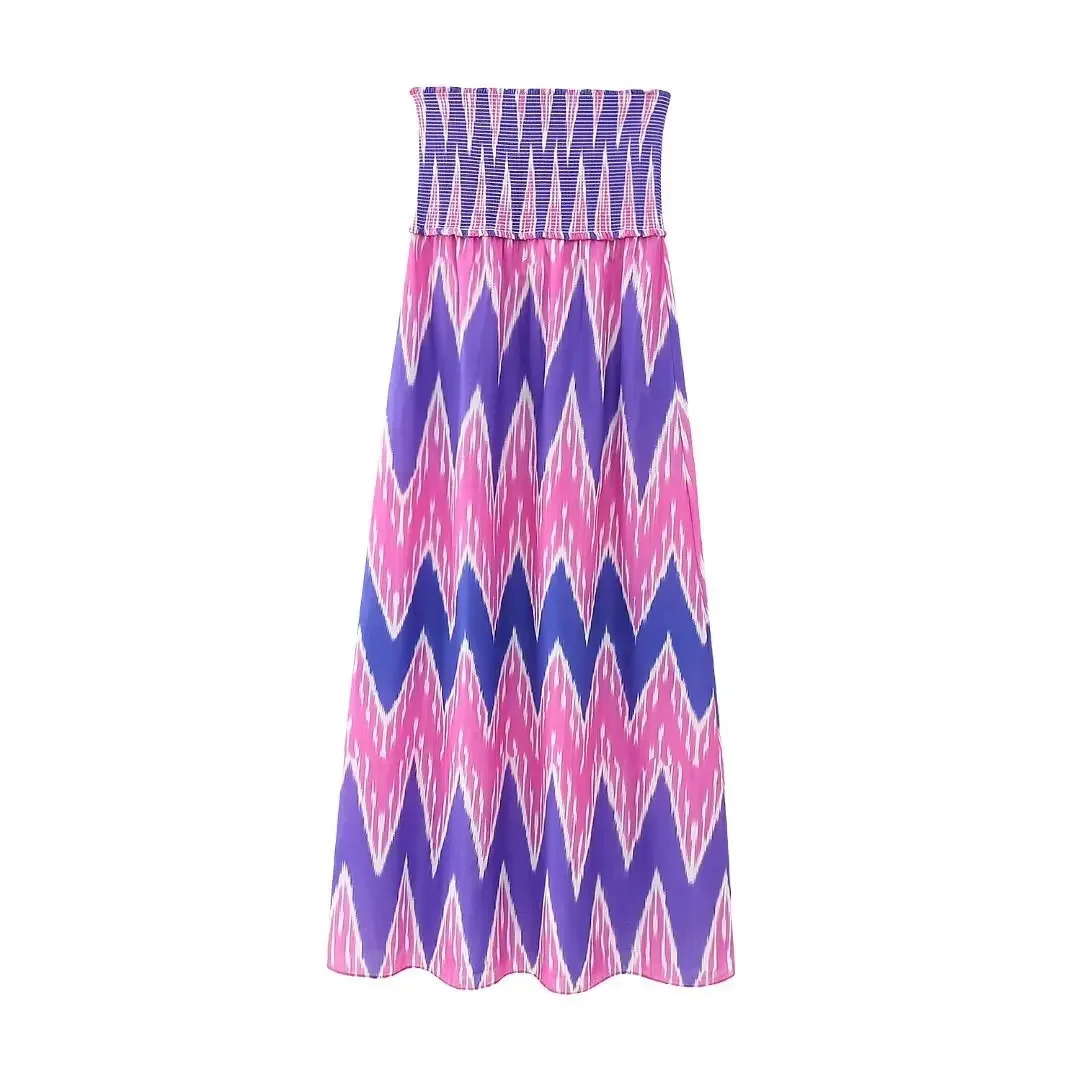 

TRAF Women Vintage Strapless Color Matching Tie Dyed Print Geometric Elastic Slim Midi Dress Female Chic Kimono Vestido