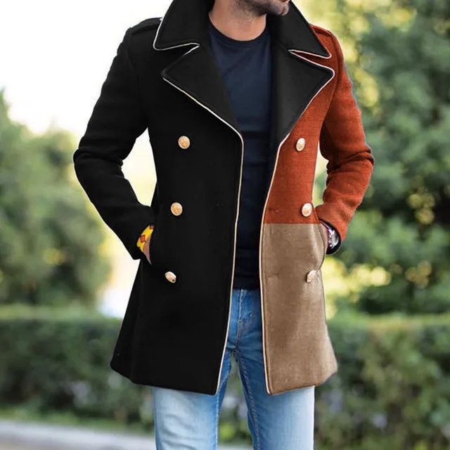 Пальто мужское шерстяное с лацканами, модная двубортная ветровка с подбором цветов, верхняя одежда, осень-зима 1