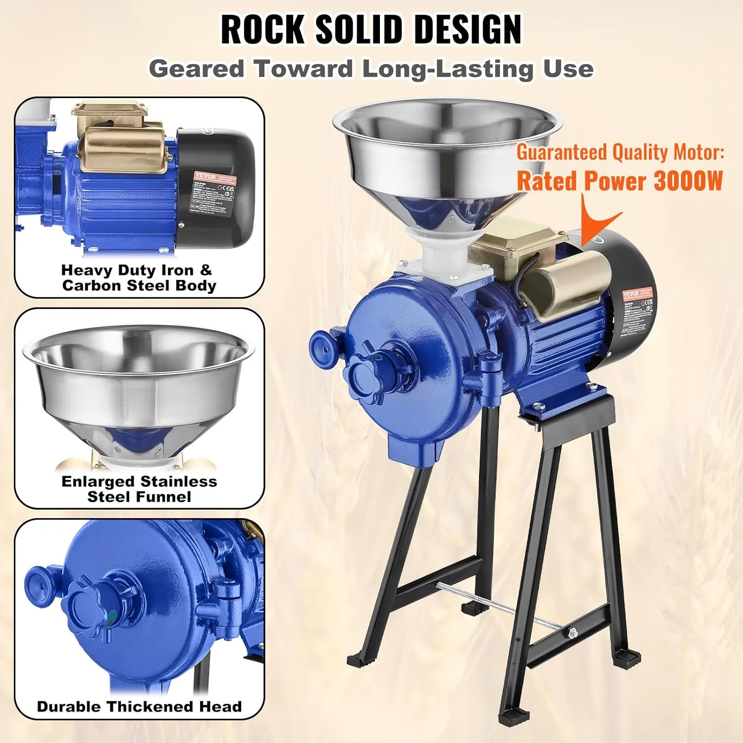 Electric Grain Mill Grinder, 3000W Spice Grinders, Commercial Corn Mill with Funnel, Thickness Adjustable Powder Machine