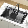 304 Stainless Steel Kitchen Sink with Digital Display Waterfall Faucet, Multifunctional 75*45cm Large Single Slot Whale Sink 2
