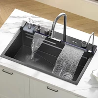 304 Stainless Steel Kitchen Sink with Digital Display Waterfall Faucet, Multifunctional 75*45cm Large Single Slot Whale Sink 2
