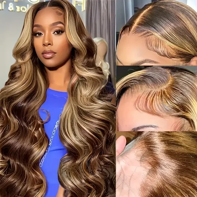 P4/27 mettre en évidence brun vague de corps 13x6 perruque de cheveux humains couleur blond miel 13x4 HD dentelle pré-plumée 40 46 pouces perruques pour les femmes
