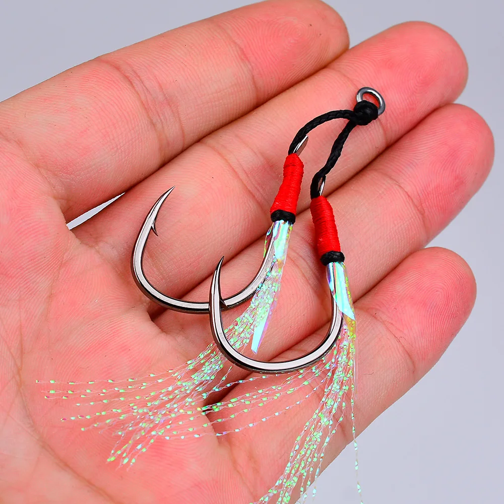 10pair Solid Ring Jig Lure reflect Feather Fishing Jig Assist Hook