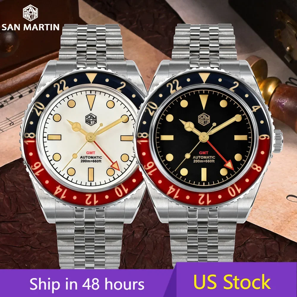 San Martin Nuovo 40Mm Vintage Gmt Pieno Luminoso Bidirezionale Vetro Zaffiro Lunetta Uomini Di Lusso Orologio Meccanico Automatico 20 Atm