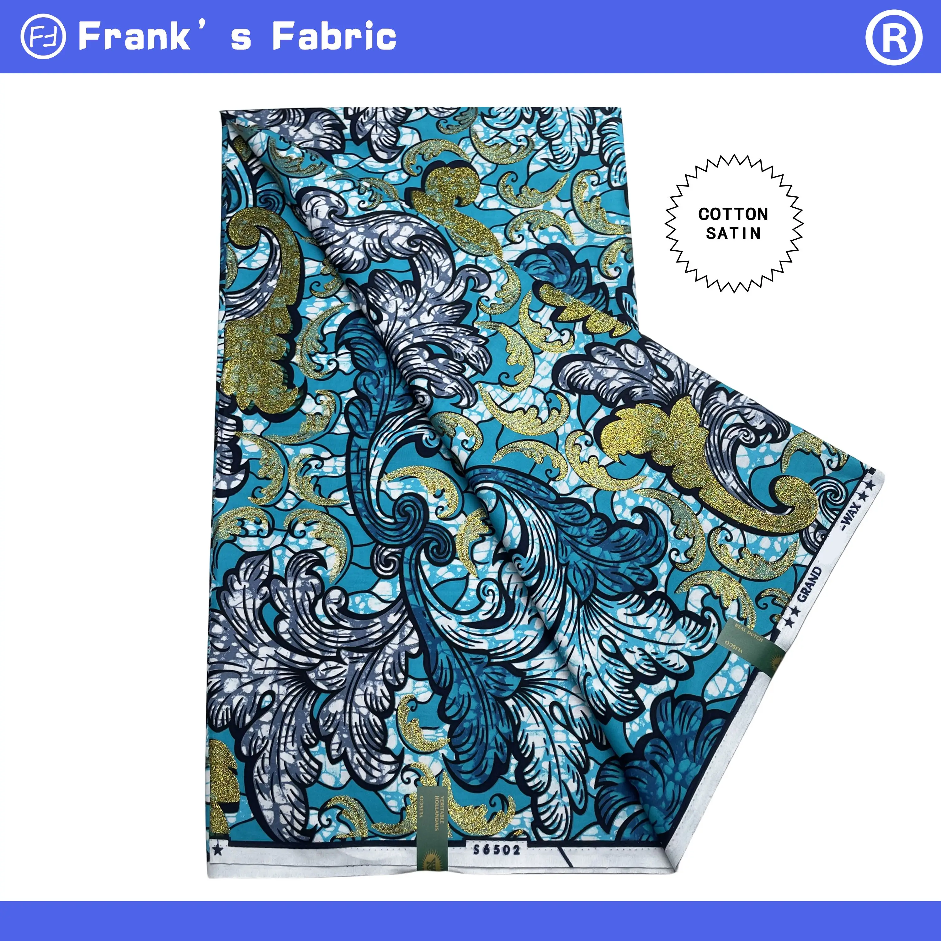 

Настоящая Оригинальная Ткань Анкара батик 100% сертифицированная большая фотоблестящая Золотая восковая хлопковая ткань с Африканским принтом из Голландии GS134