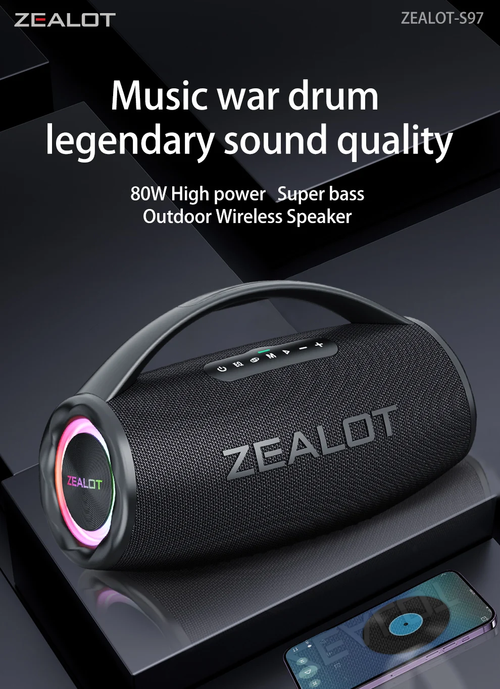 ZEALOT S97 Altavoz Bluetooth portátil de 80W Alto volumen Resistente al agua 16000mAh Subwoofer TWS inalámbrico Suporrt USB/TF/AUX RGB luz.