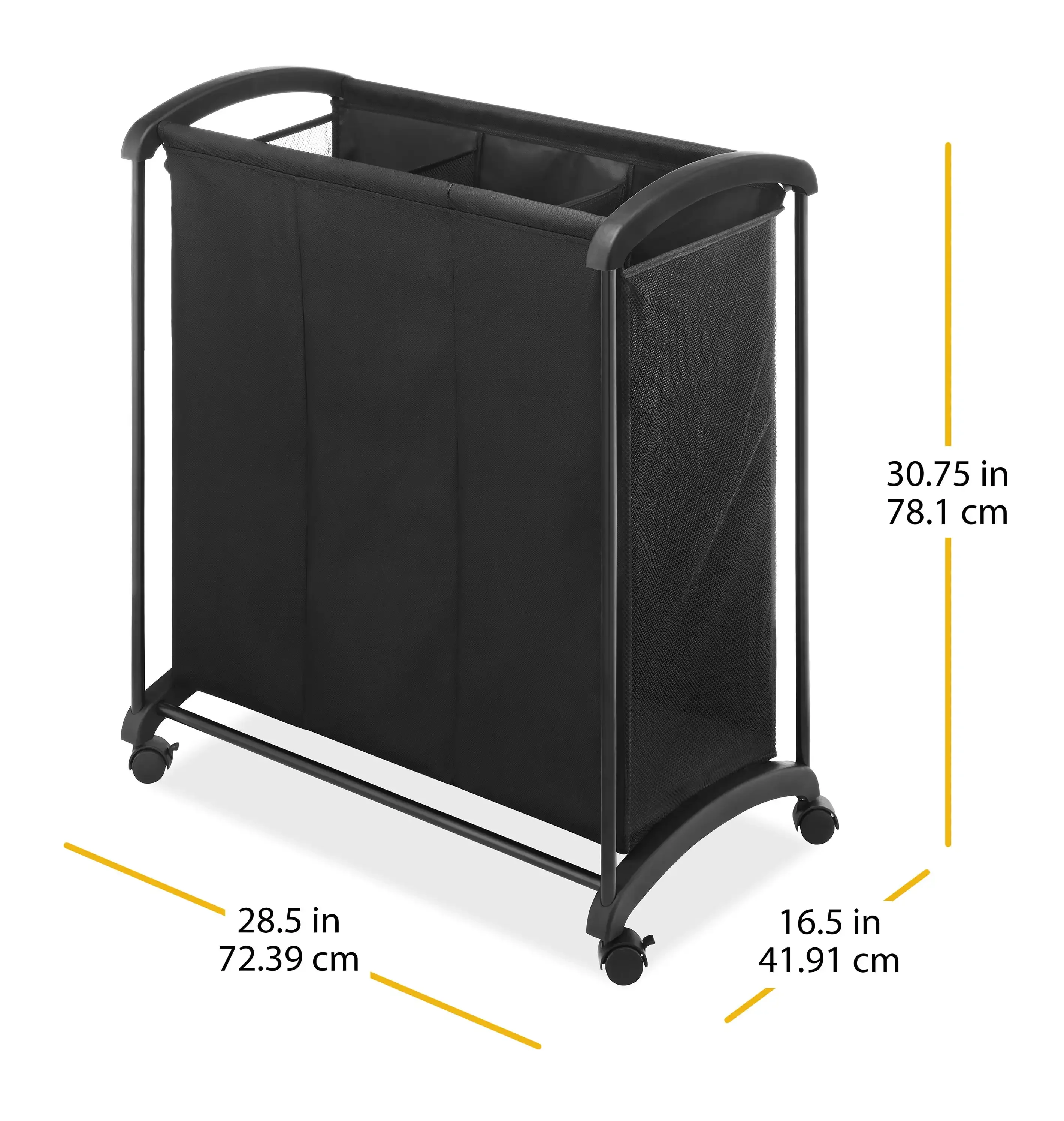 NEW 3 Section Laundry Sorter with Wheels, Black Fabric, For adult use