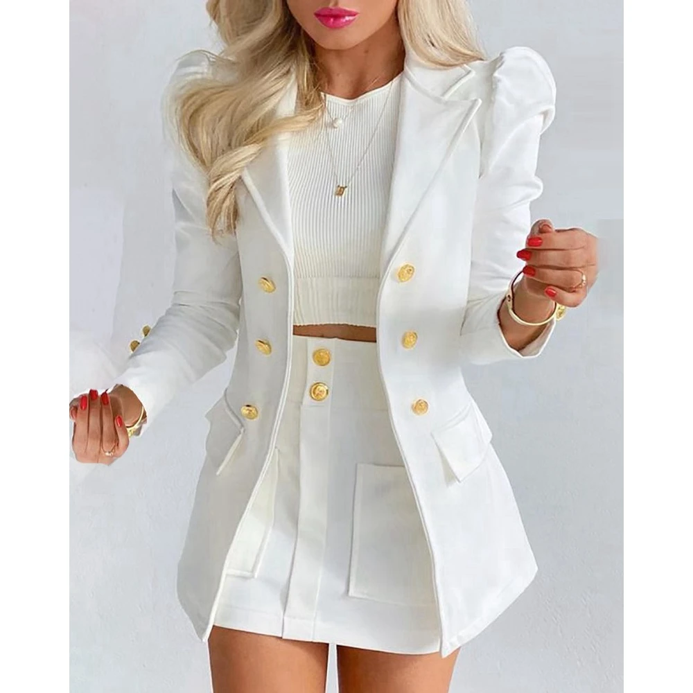 2024 Spring/Summer Female OL Style Slim Short Dress/Skirt & Blazer Coat Suit Sets Princess Sleeve Pocket Button Decr Short Sets