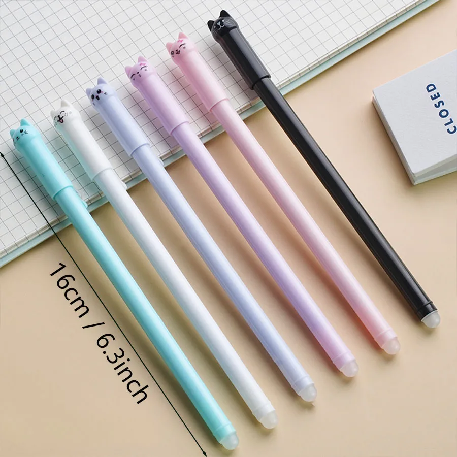 6pcs/set cat neutral erasable pen cute wagging tail cat hot erasable pen eraser student stationery 0.5mm Black blue ink pen