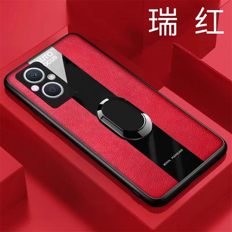 Luxurious Leather Magnetic Ring Phone Case with Silicone Shockproof Bumper