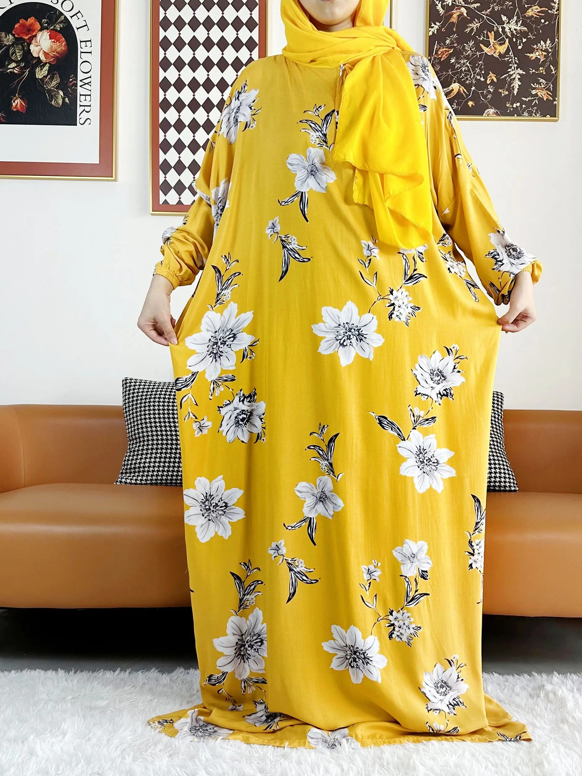 2025 Muslim Rayon Abayas Color Pitch Ramadan Prayer Dubai Turkey Middle East Femme Robe Floral Loose African Dress Turban Joint 5