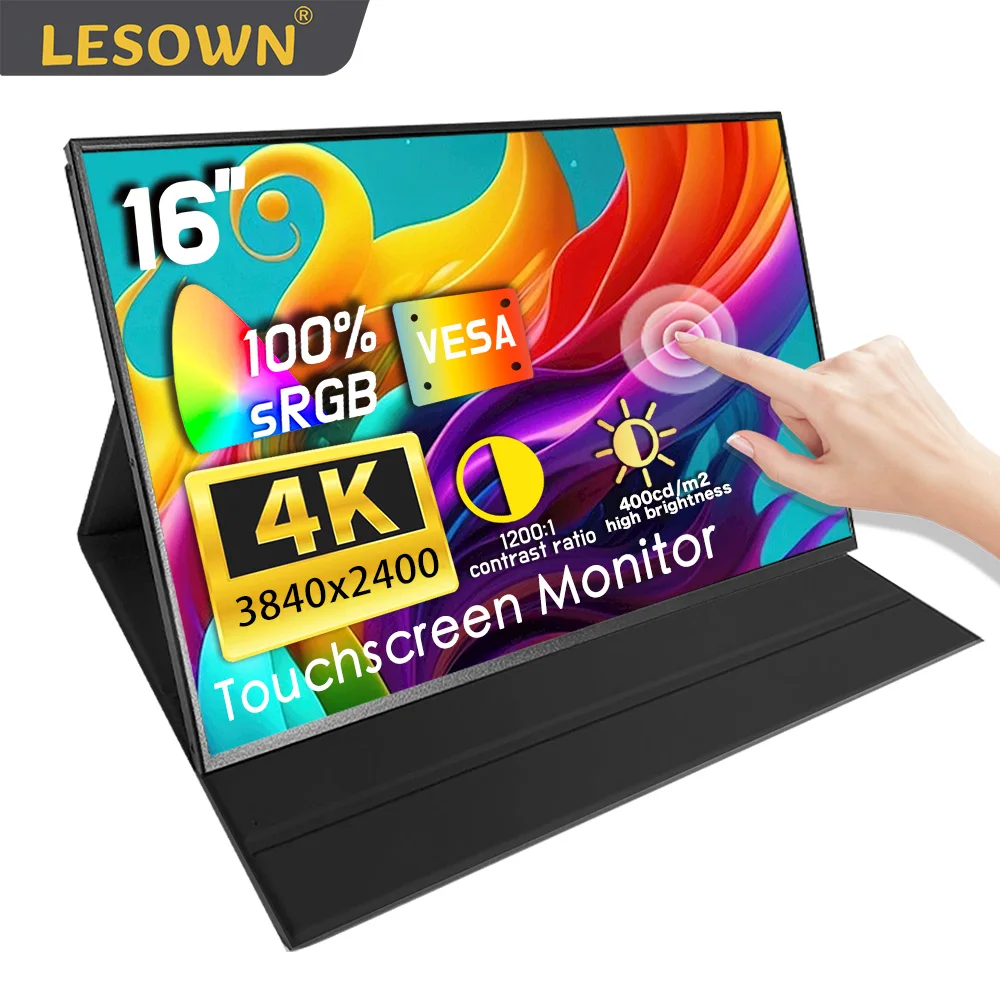 Lesown Monitor Da 16 Pollici Touchscreen Portatile 4K 16:10 100% Srgb Secondo Schermo Ampio Monitor Da Gioco Per Laptop Usb C Compatibile Con Hdmi