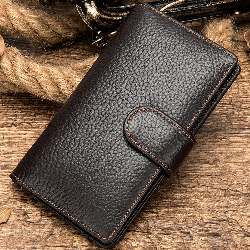 

Genuine Leather Men's Long Wallet Cow Leather Simple Design Hasp Trifold Male Clutch Business Purse Phone Pocket Black