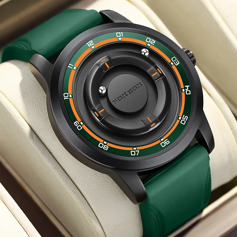 FOXBOX Fashion Green Silicone Watch For Men Outdoor Sports Waterproof Scrolling Pointer Magnetic Force Men's Quartz Wristwatch