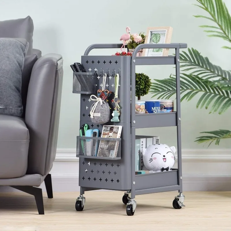 Storage rack Rolling storage cart 3-Tier Rolling Cart Metal Utility Cart Handle Lockable Wheels Hooks Bathroom Living Room