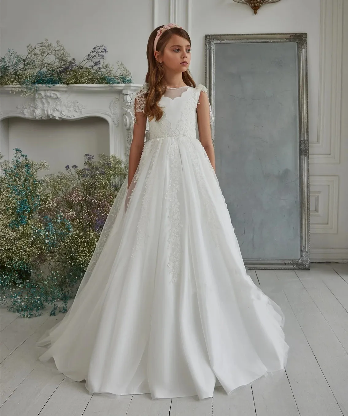 Puffy Dresses For Girls High Collar Bow Communion Dress  Flower Girl Dresses