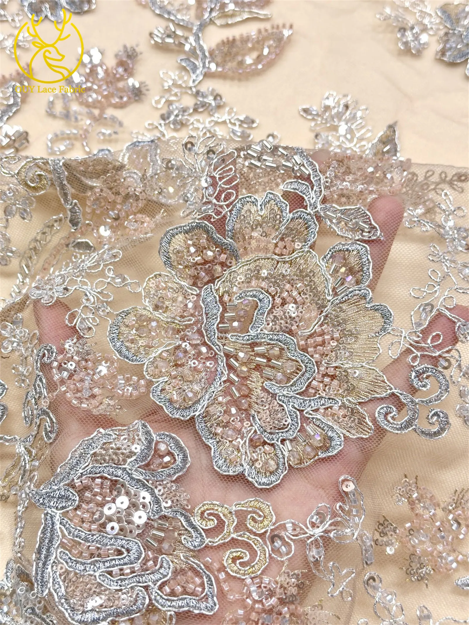 Tessuto in Pizzo Ricamato a Mano di Alta Qualità con Fiori e Perline, Tessuto in Pizzo Africano con Paillettes per Abiti da Sposa - immagine 6