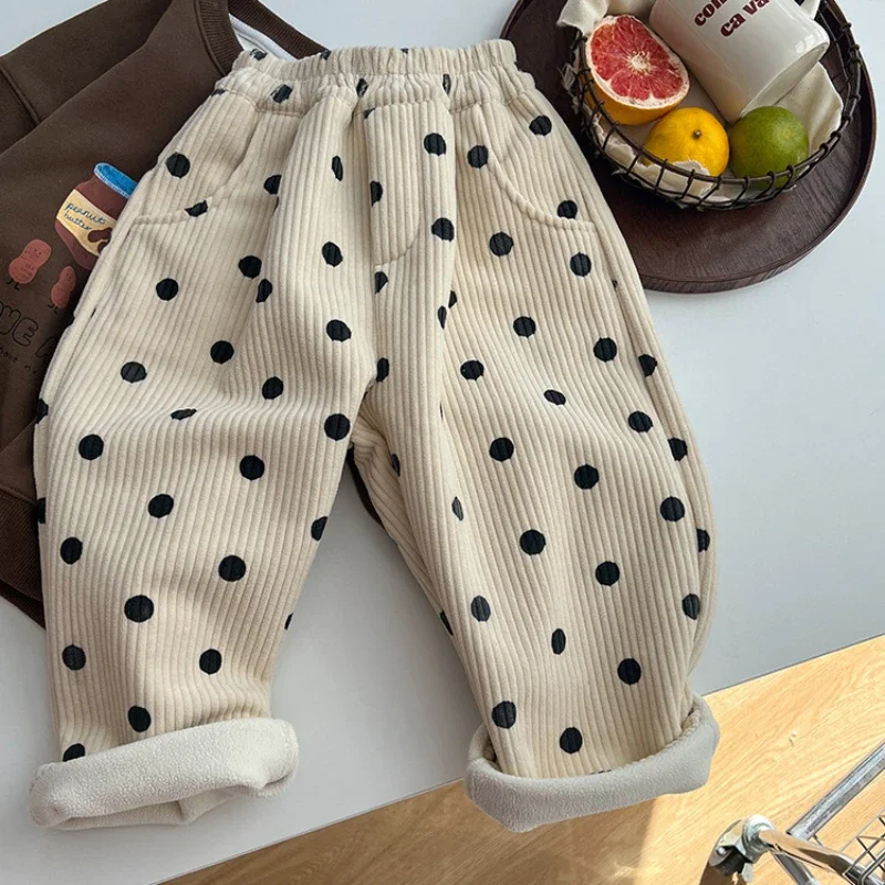 어린이 바지 플러스 양털 두꺼운 어린이 도트 바지, 여아  서양 면 바지, 소년 의류, 어린이 하의 카프리