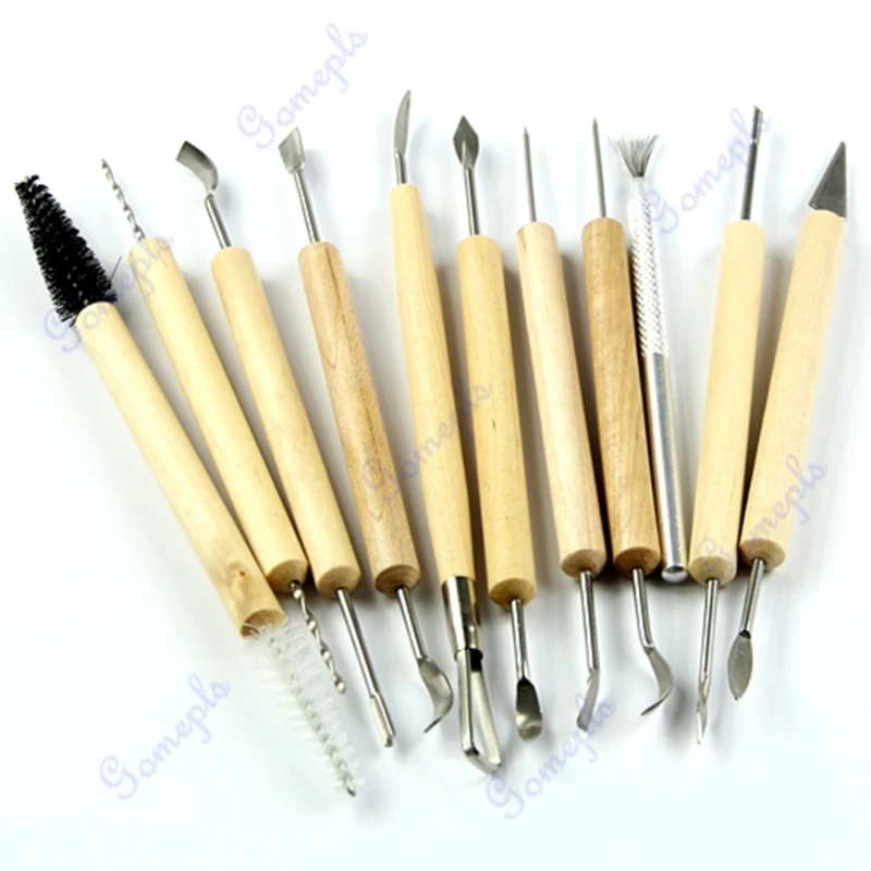 11pcs Wood Wax Handle Pottery Carving Sculpture Clay Modeling Tool DIY Craft Set Dropship 8pcs plastic pottery clay sculpting set wax carving pottery tools carving sculpture shaper polymer modeling handicraft clay tool