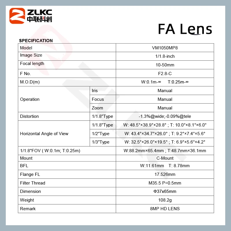 ZLKC CCTV 8.0Megapixel 10-50mm Zoom Lens 1/1.8 Inch Manual Varifocal Iris F2.8 C Mount for Machine Vision Camera Low Distortion