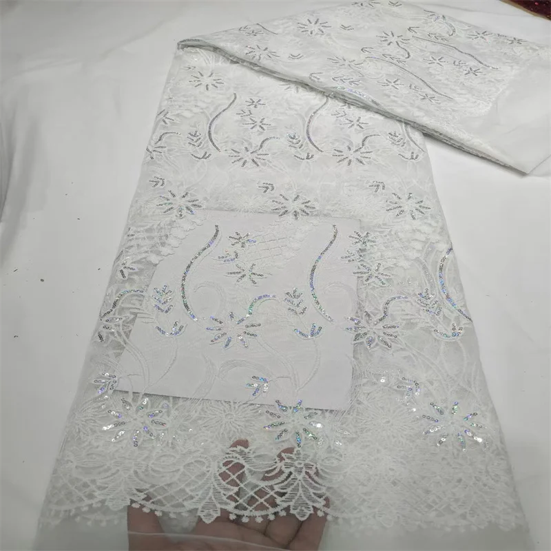 

Latest High End Dubai Sequins Lace Fabrics 2024 White Luxury Nigeria Net Sequins Groom Lace Fabric Material For Wedding Dresses