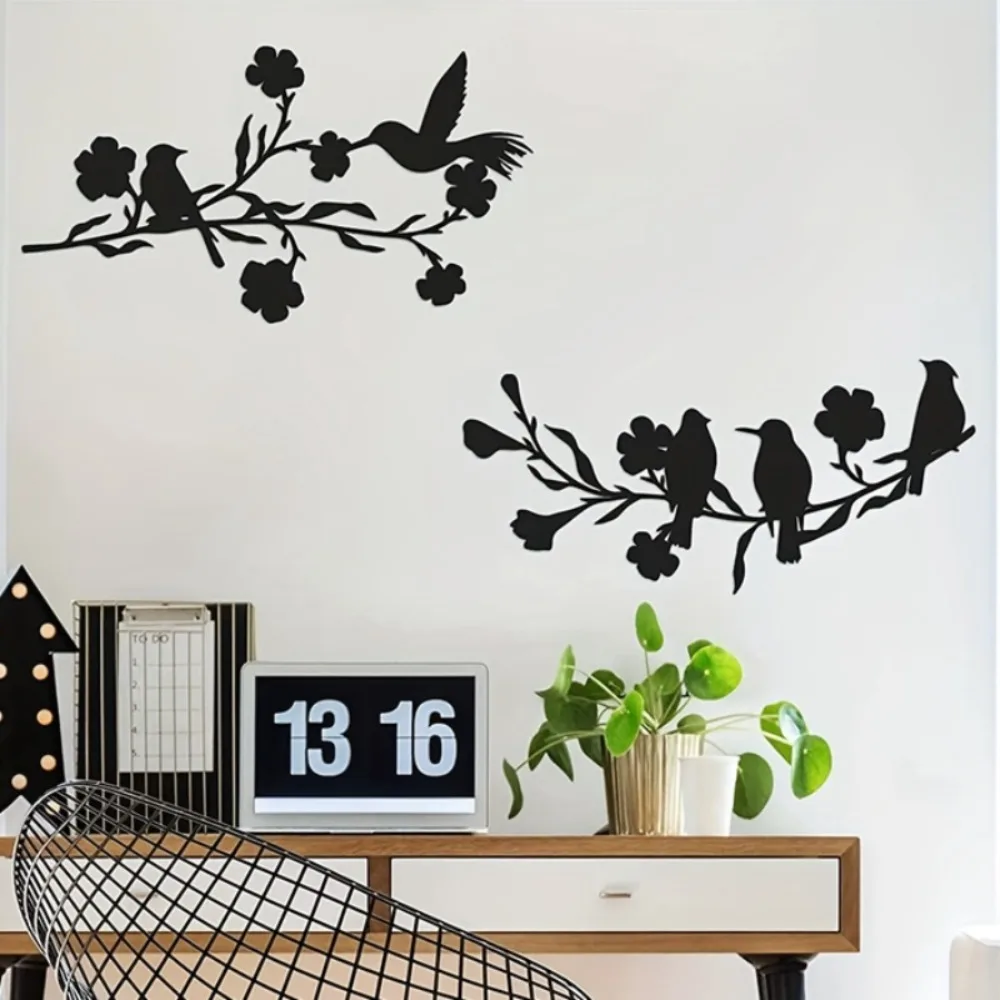 

1pc Black Leaves and Flowers Metal Birds Wall Art Decor for Home and Garden - Indoor and Outdoor Sculpture with Branch Decor
