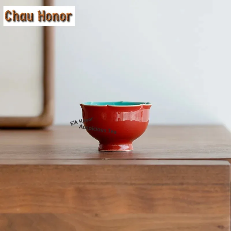 2pc/set Palace Museum Red Ceramic Tea Cup Small High Petal Cup Drinking Chinese Porcelain Kung Fu Set Master Single Cup 40ml