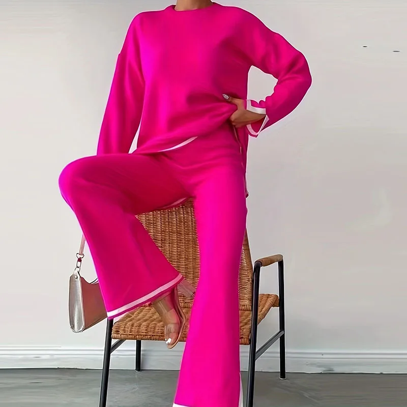 

Casual Patchwork Solid Outfit Women's O Neck Long Sleeved Sweater Top + Straight Pants Suit Autumn Winter Warm Knitted Two Piece
