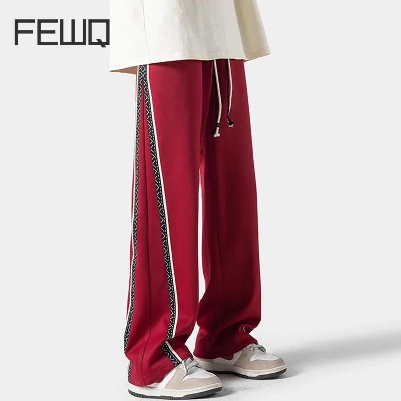 

FEWQ Spring New Woven Ribbon Men Pants 2024 Contrast Color Elastic Waist 2024 Casual Male Trousers High Street 24X8093