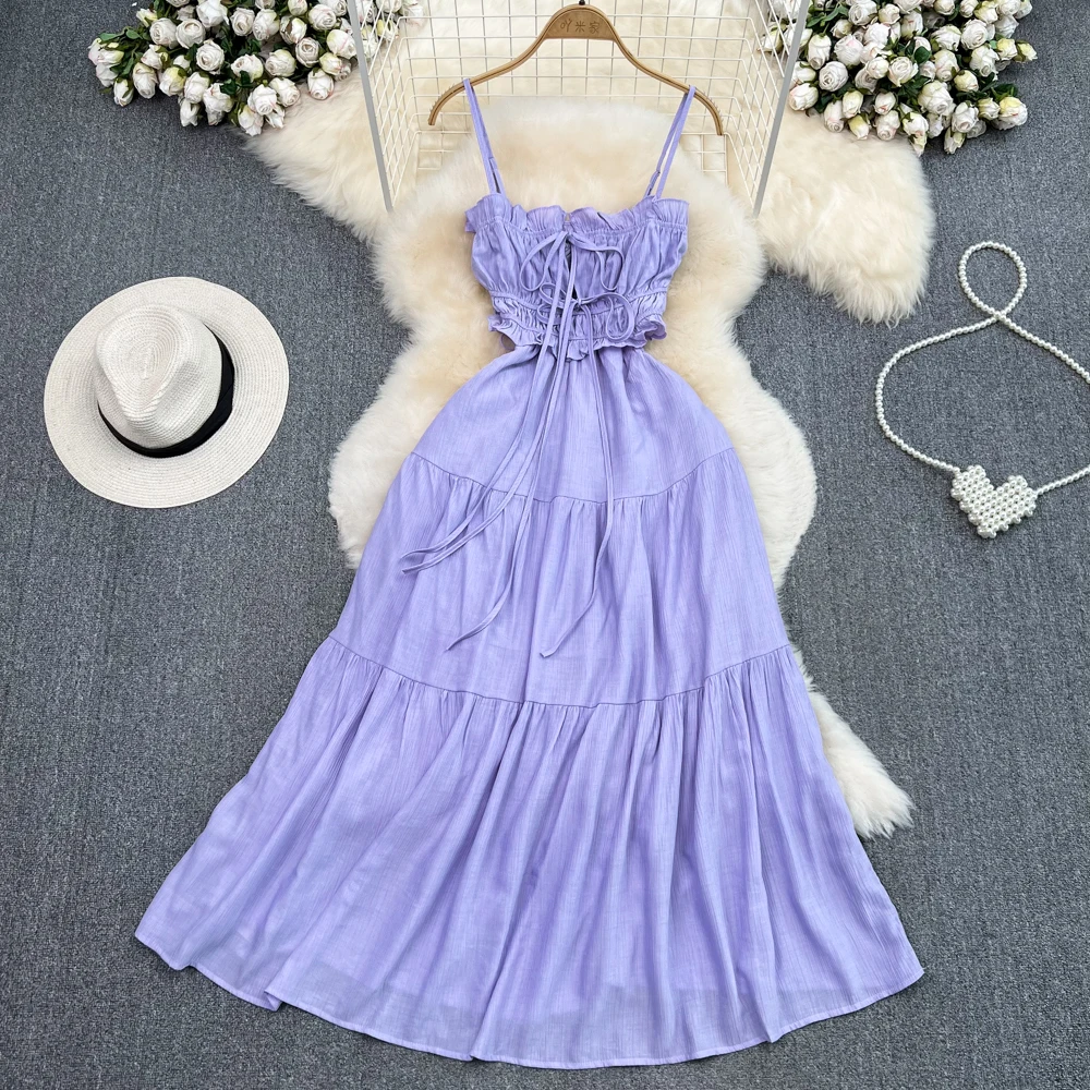 

2023 Summer Travel Wear Seaside Vacation Beach Skirt Sexy Backless Waist A Line Dress Sling Long Dress