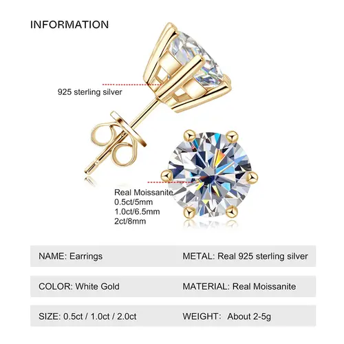 0.5-2ct Moissanite Diamond Stud Earrings 18K Yellow Gold Plated 925 Silver Wedding Earring for Women Men Luxury Jewelry with GRA - Image 2