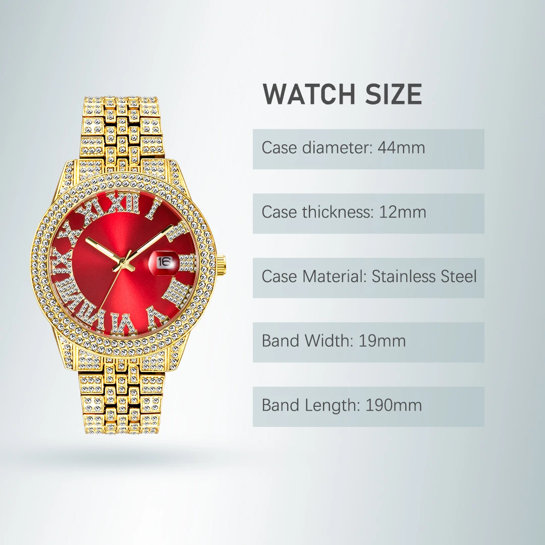 Women Men\'s Quartz Watches Iced Out Diamond Bling Red Watch For Male Female Couple Waterproof Calendar Lover Clock New In