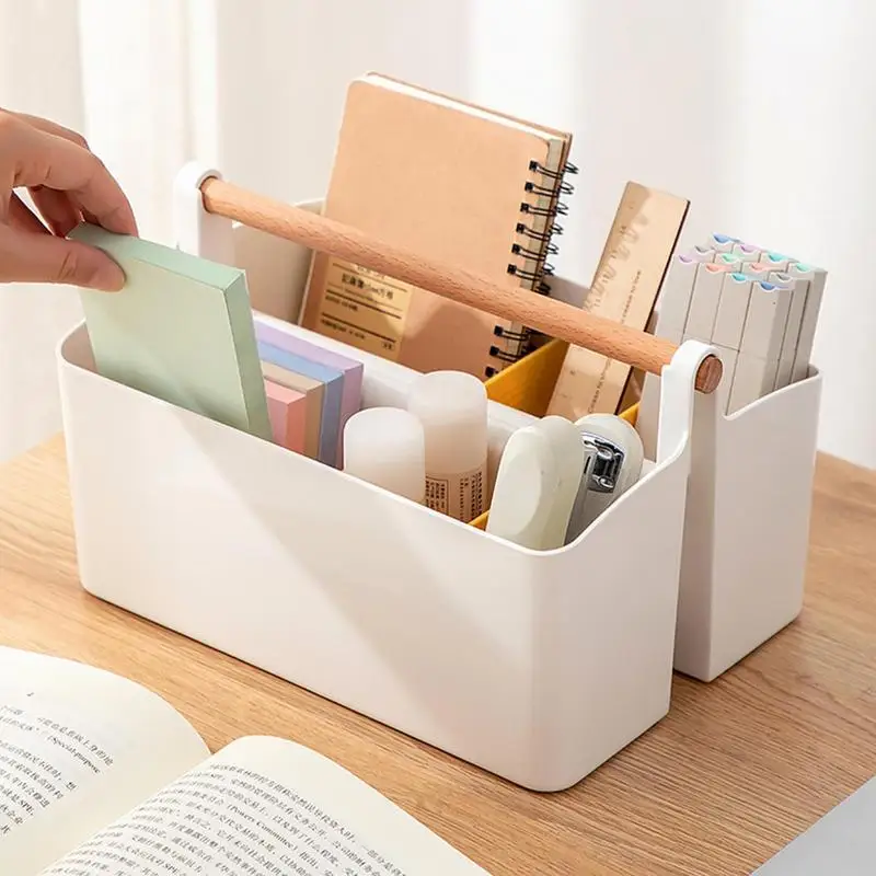 Portable Storage Box with Wooden Handle and Divided Compartments Waterproof Storage  Basket Organizer for College Desk Bathroom - AliExpress