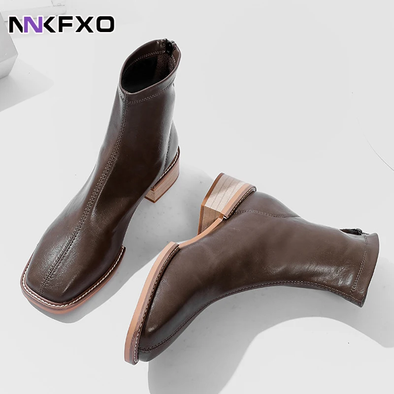 

New Fashion Leather Ankle Boots Women Thick High Heels Zipper Square Toe Autumn Winter Woman Shoes Square Heel Beige Black
