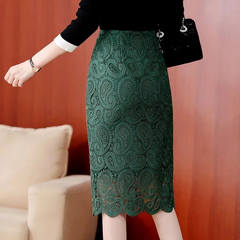 Fashion Summer Black Skirt Lace Mid-Length Skirts 2022 Summer New High Waist Women's Skirt ZipperNavy Bag Hip Skirt Size L-4XL