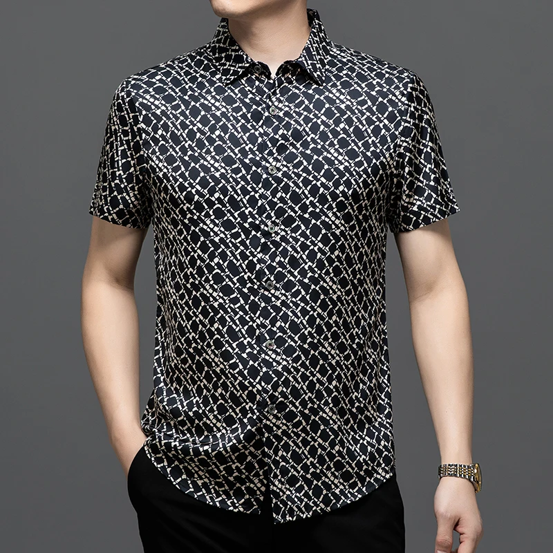 High Quality Men's Silk Tops Summer Fashion Stripes Smooth Satin Silk Shirts Short Sleeve Soft Mulberry Dress