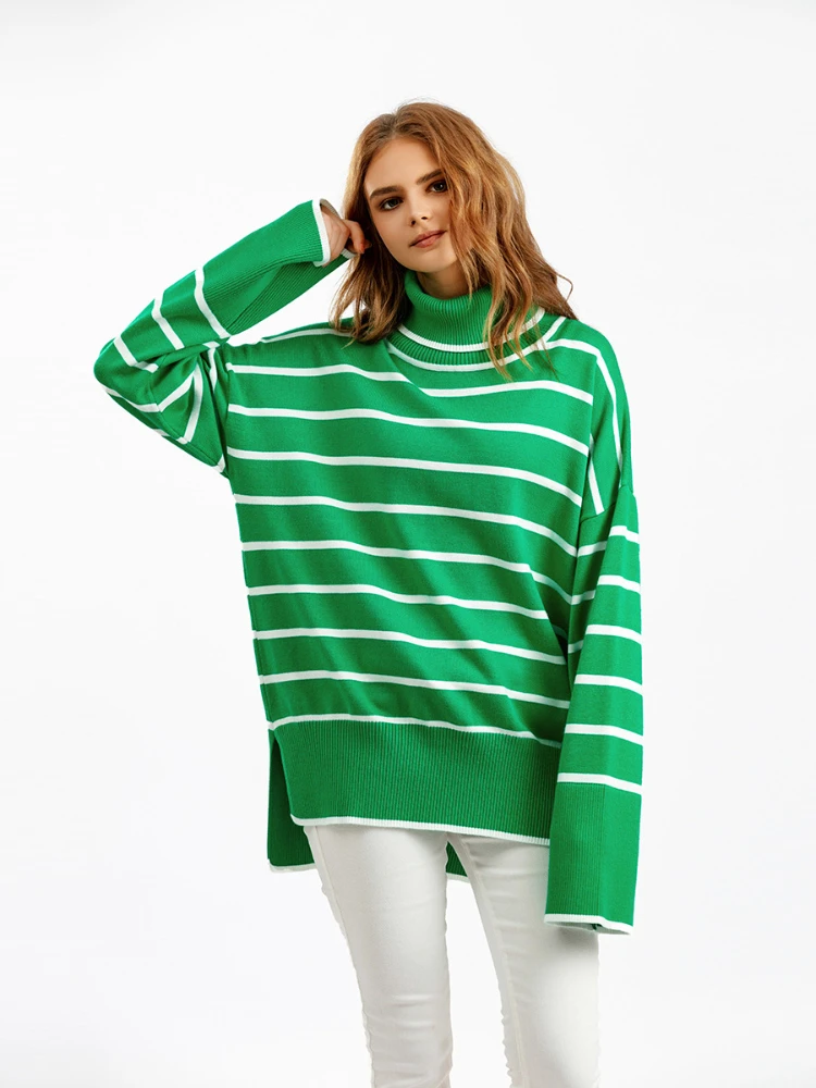 

2023 New Europe and America Autumn Winter Sweater Women Knitwear Pullover Contrast Stripe High Neck Sweaters Loose Casual Top